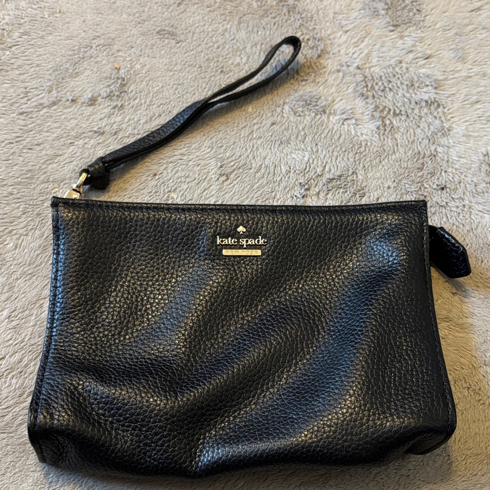 kate spade Black Pebbled Leather Wristlet Clutch with Gold Logo